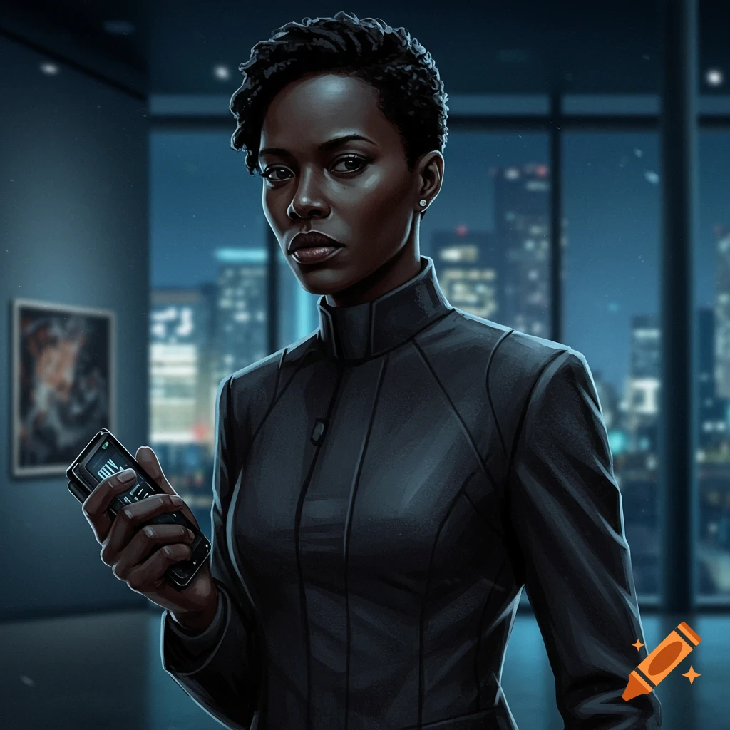A digital art portrait of a black woman in a dark suit, holding a phone, standing in an office overlooking a night city skyline.