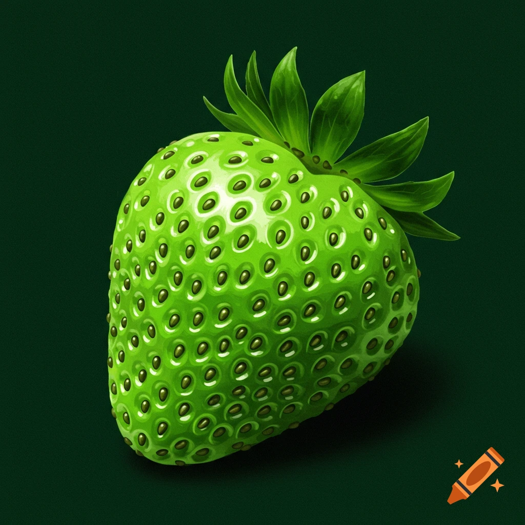 A vibrant green strawberry with prominent gold seeds and green leaves on a dark green background, rendered in an illustrative style.