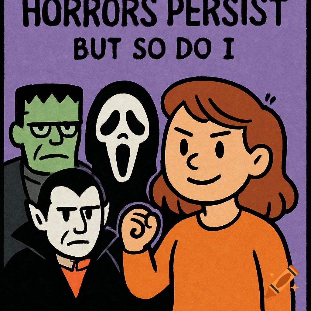 Cartoon featuring Frankenstein, Ghostface, Dracula, and a determined woman with the text 'Horrors persist but so do I'.