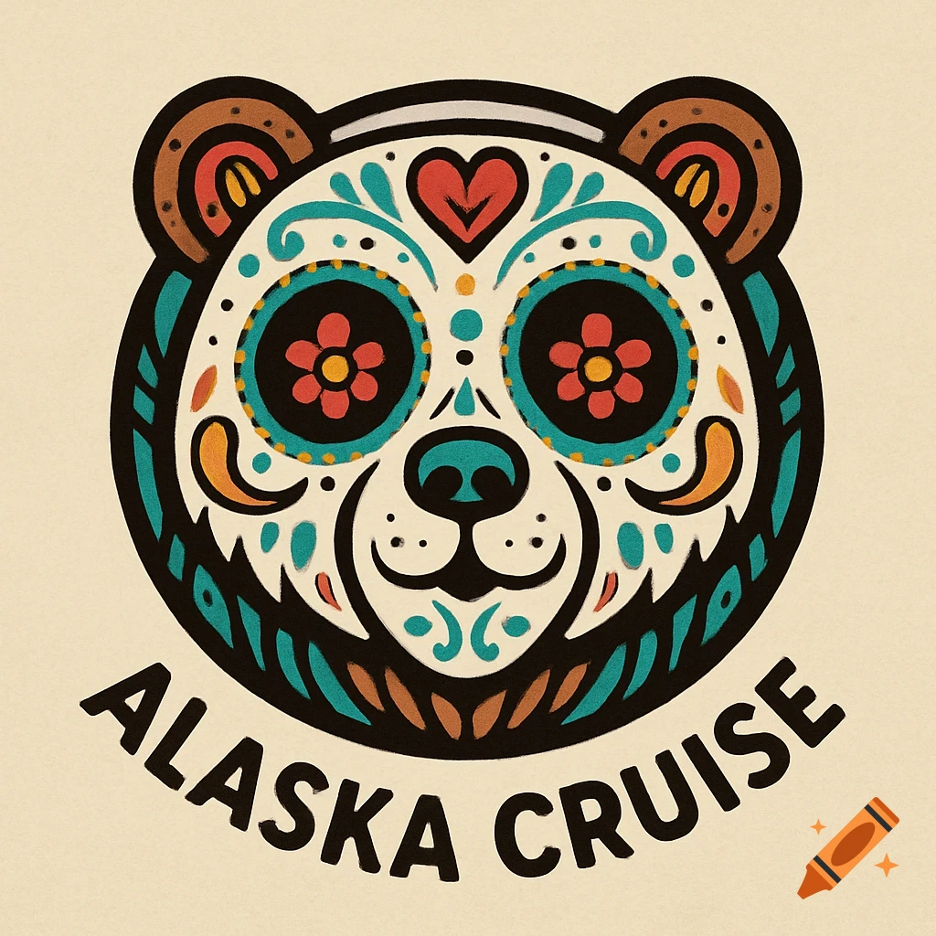 A colorful sugar skull style grizzly bear logo with 'ALASKA CRUISE' text.