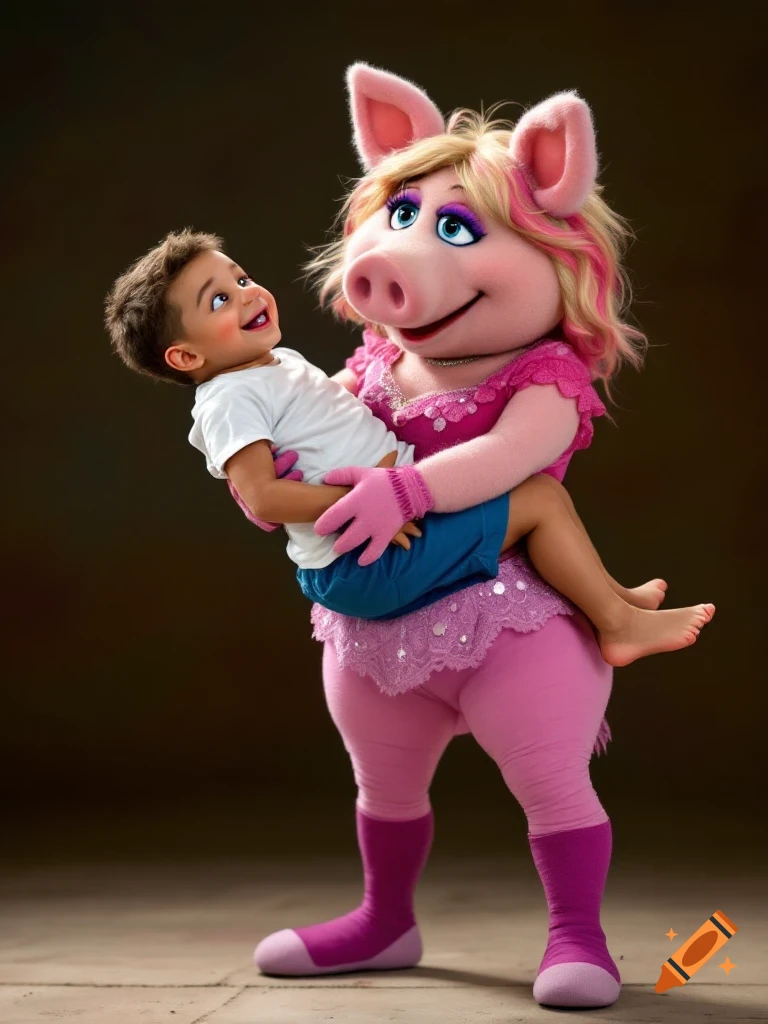 Photorealistic image of Miss Piggy, a pink pig Muppet, holding a smiling young boy.