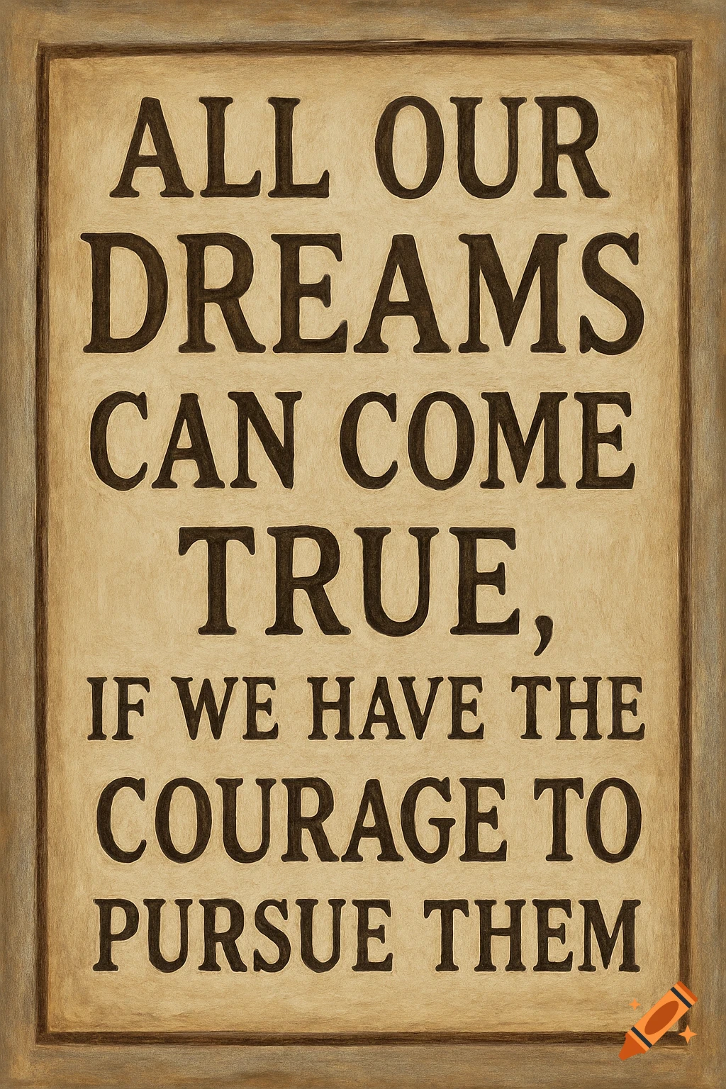 An inspirational quote on a rustic, textured sign with a wooden frame.