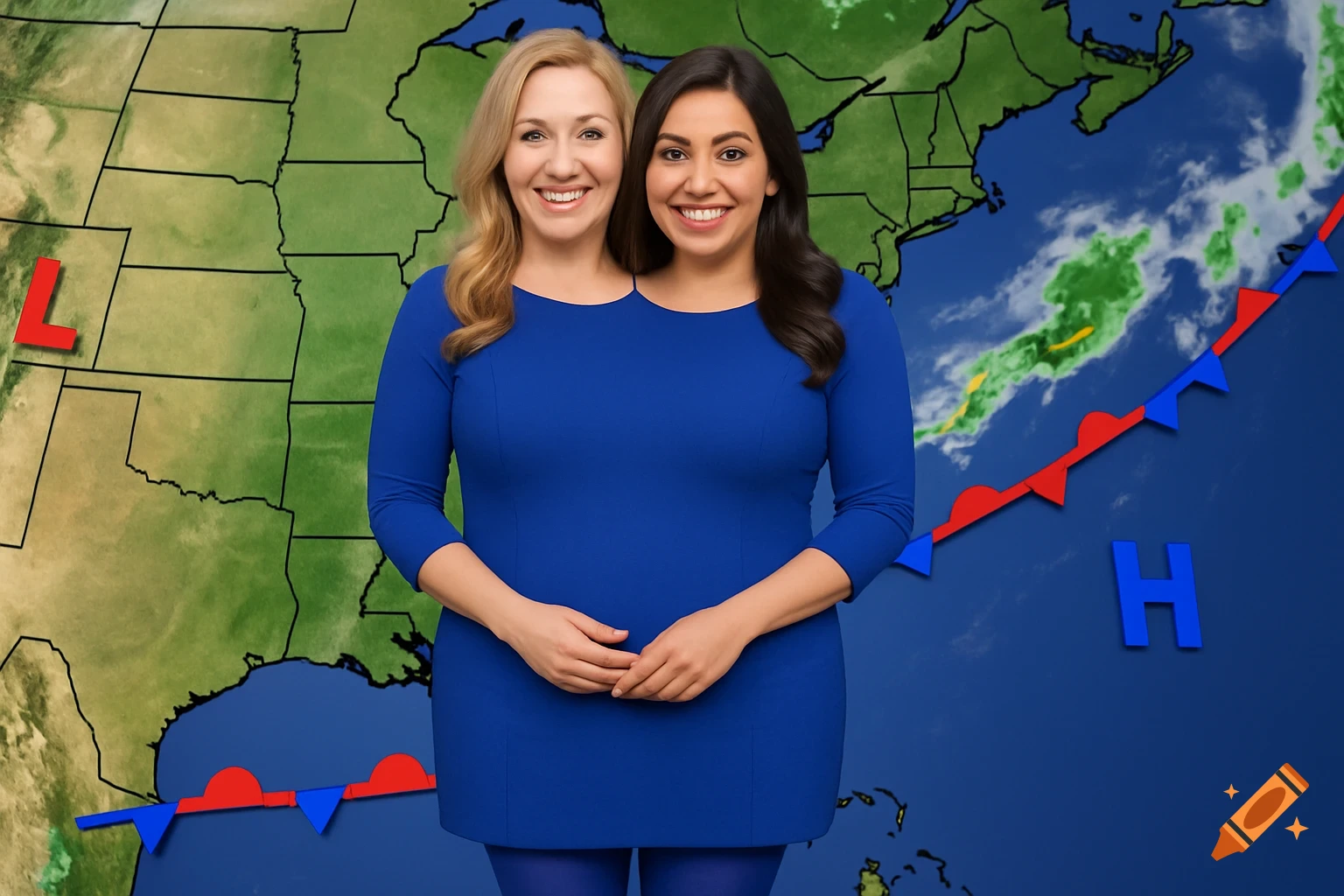 Two smiling women, one blonde and one with dark hair, posed together in a blue dress as a two-headed weather forecaster in front of a weather map.