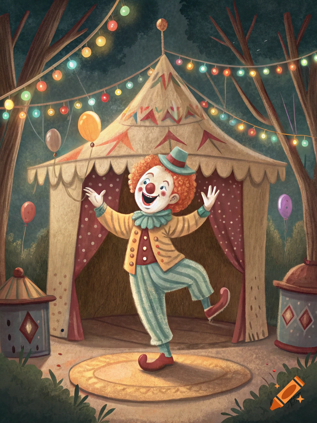 A cheerful clown with orange curly hair and a colorful costume stands before a circus tent with string lights and balloons, in an illustrated style.