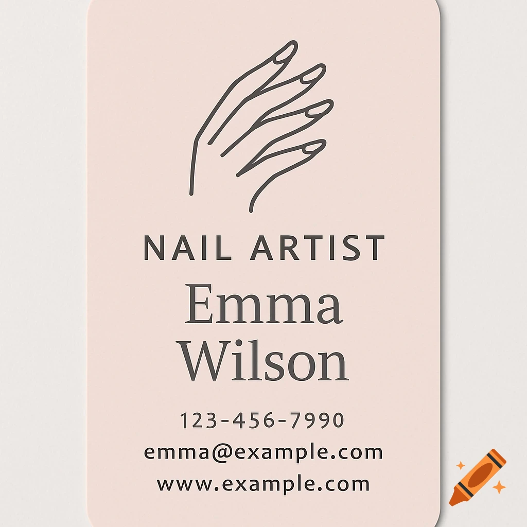 A minimalist pink business card for a nail artist, featuring a simple line drawing of a hand with painted nails and contact information.