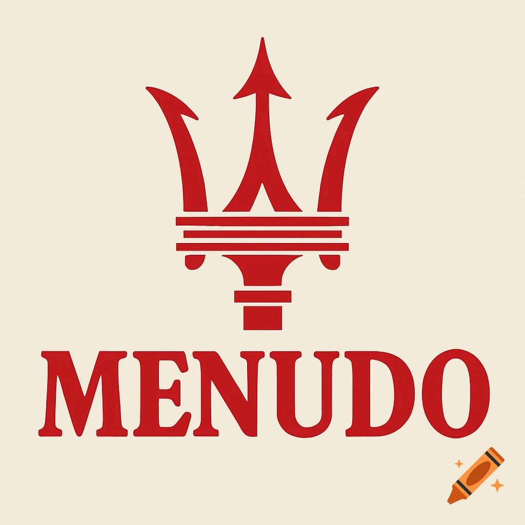 Red trident symbol with three points above the word MENUDO in red capital letters on a light beige background.