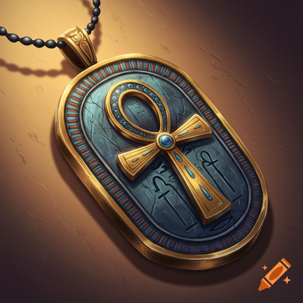A golden Egyptian ankh pendant with a teal, cracked stone base featuring hieroglyph-like carvings, on a brown surface.