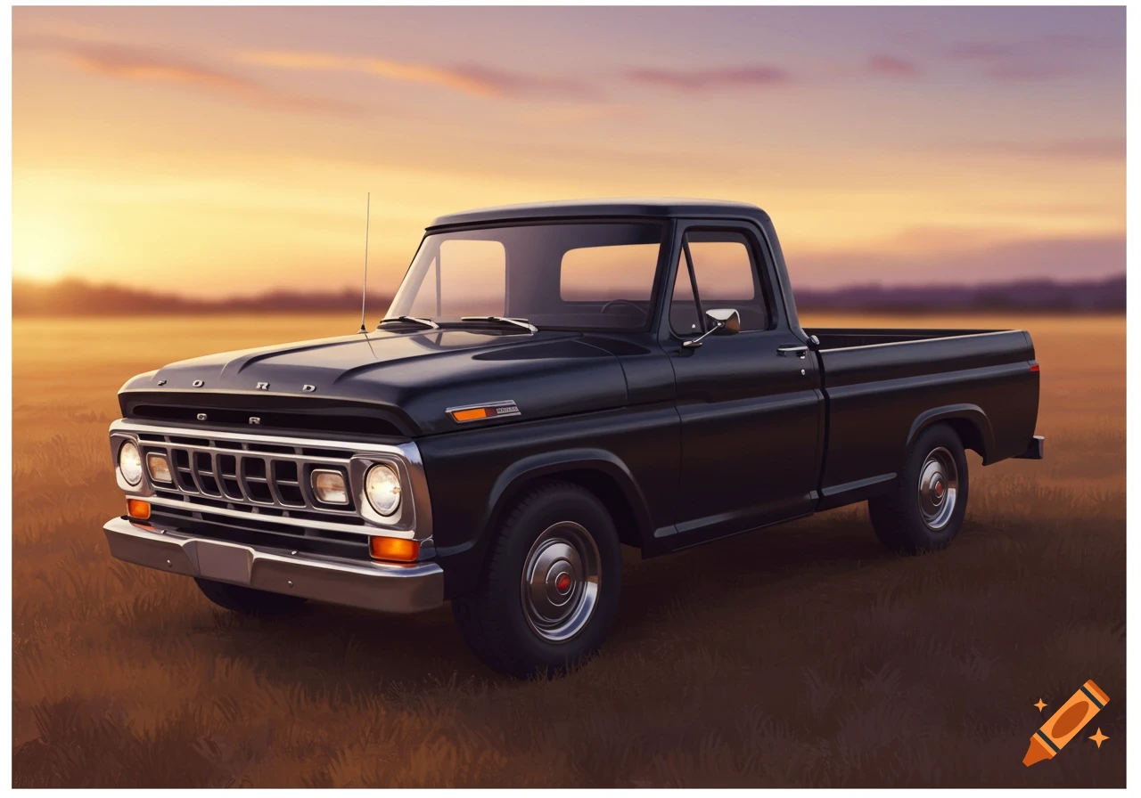 A black vintage Ford pickup truck parked in a grassy field during sunset, viewed from the front quarter angle.