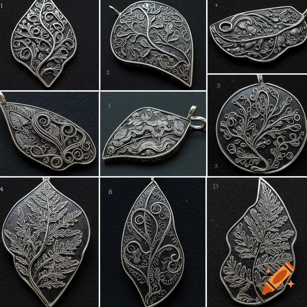 A grid of nine ornate silver pendants, each with intricate nature-inspired designs, displayed on a dark background.