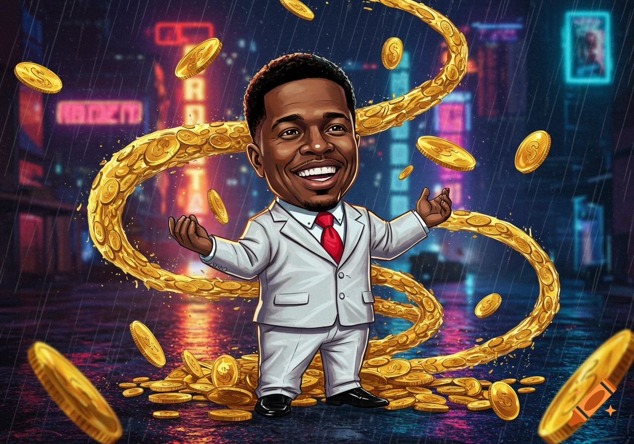 Cartoon of a man in a suit smiling, surrounded by falling and piled gold coins in a rainy, neon-lit city at night.