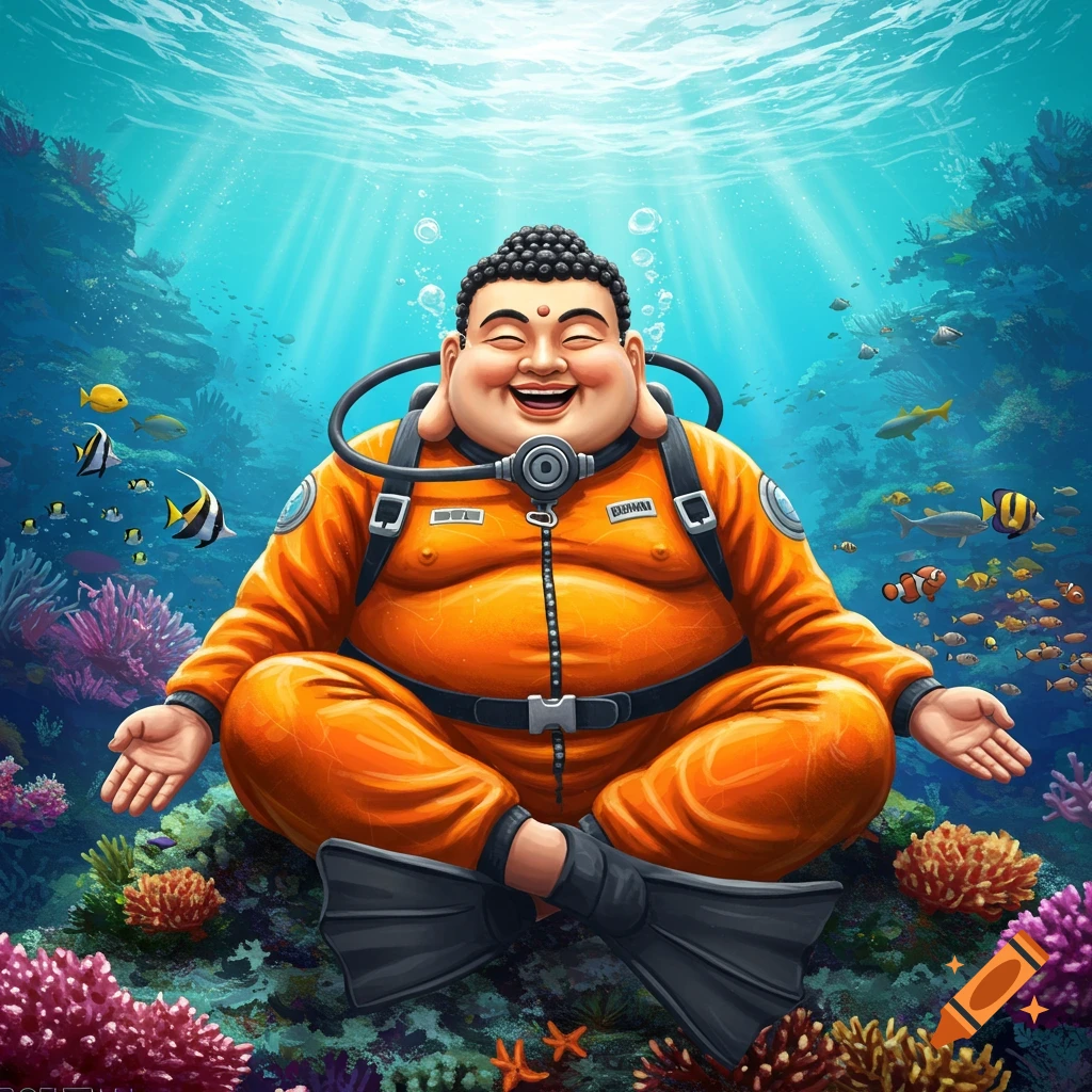 A jovial Buddha wearing an orange scuba suit and flippers sits cross-legged on a coral reef in a vibrant underwater scene with fish and sunlight.