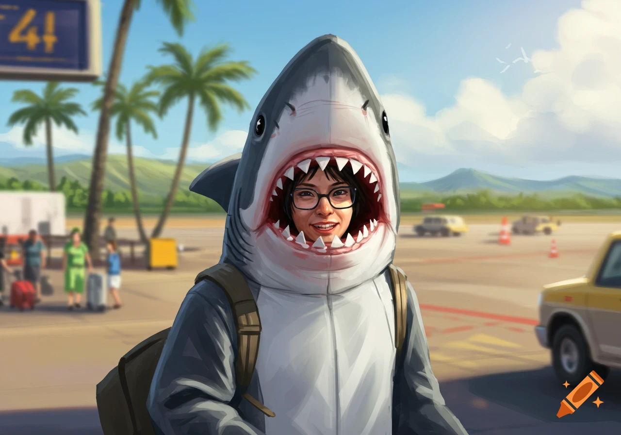 A person in a shark costume smiles at an airport, with palm trees and mountains in the background, in a colorful illustration style.