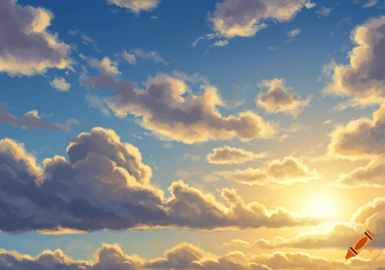 A vibrant blue sky filled with fluffy white and golden clouds, illuminated by a bright sun on the right. Digital art.
