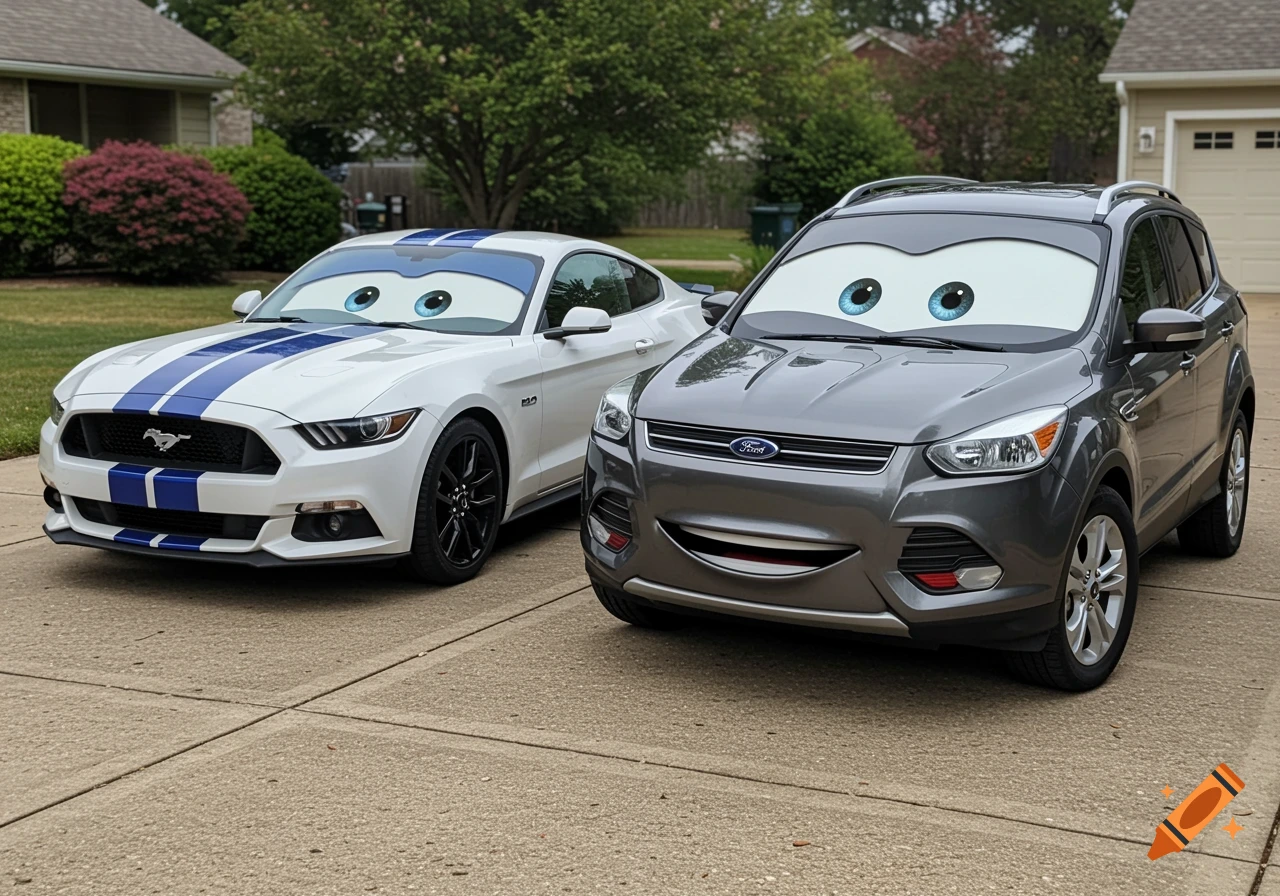 A white Ford Mustang with blue racing stripes and a grey Ford Escape, both animated with eyes and mouths like characters from Pixar's Cars, parked on a driveway.