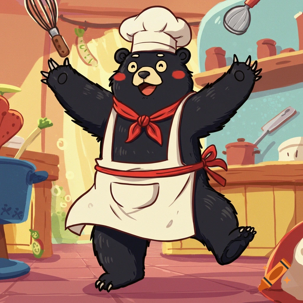 A cheerful cartoon black bear chef in a white apron and hat dances in a sunny kitchen.