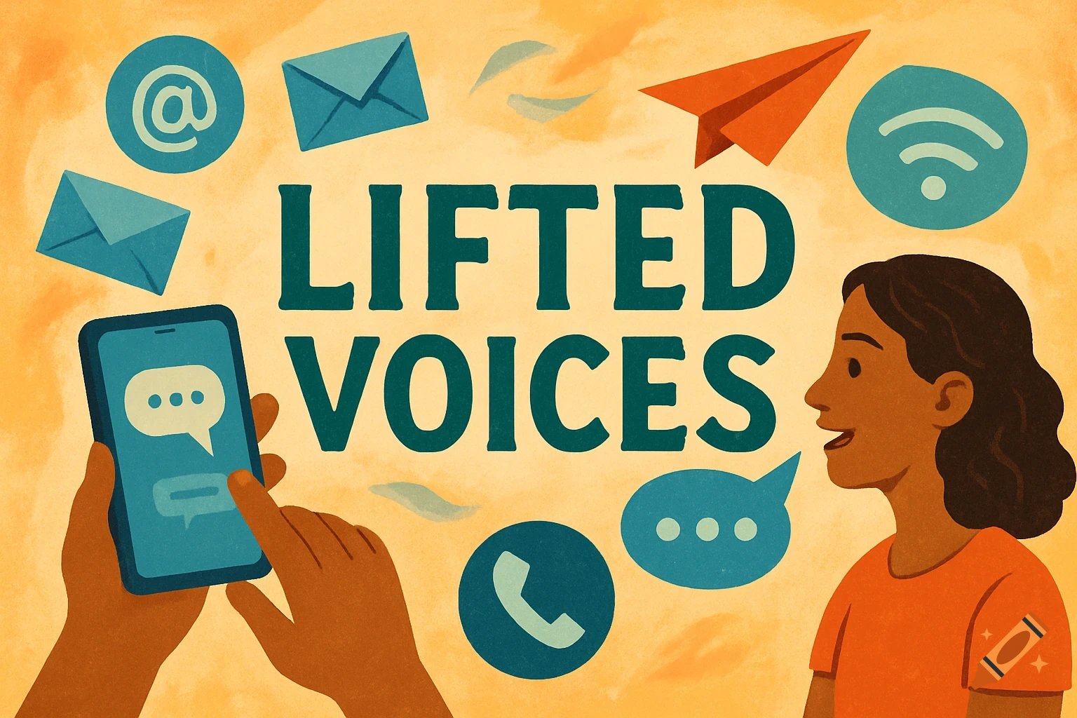 A vibrant illustration showing hands using a smartphone, a person speaking, and communication symbols surrounding the text "LIFTED VOICES" on an orange background.