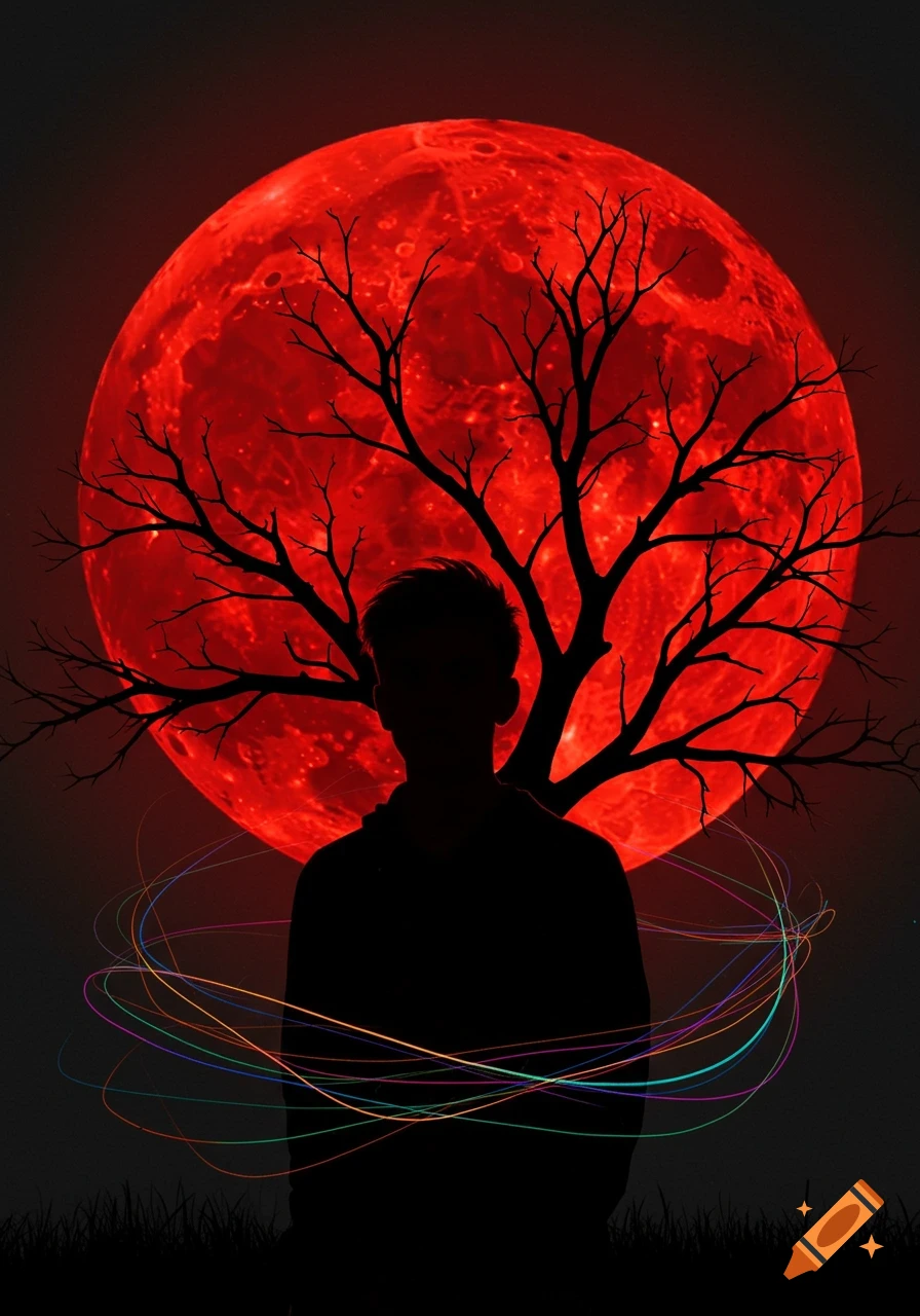 Silhouette of a person and a dead tree against a large blood-red moon with colorful light trails swirling around.