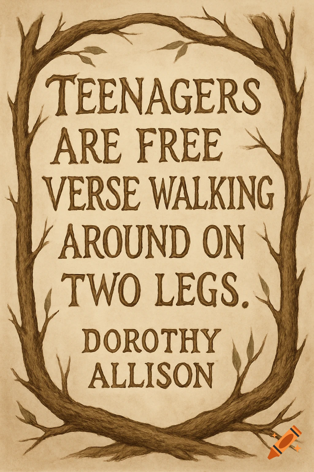 A quote from Dorothy Allison, 'Teenagers are free verse walking around on two legs.', framed by brown tree branches and leaves on a light background.