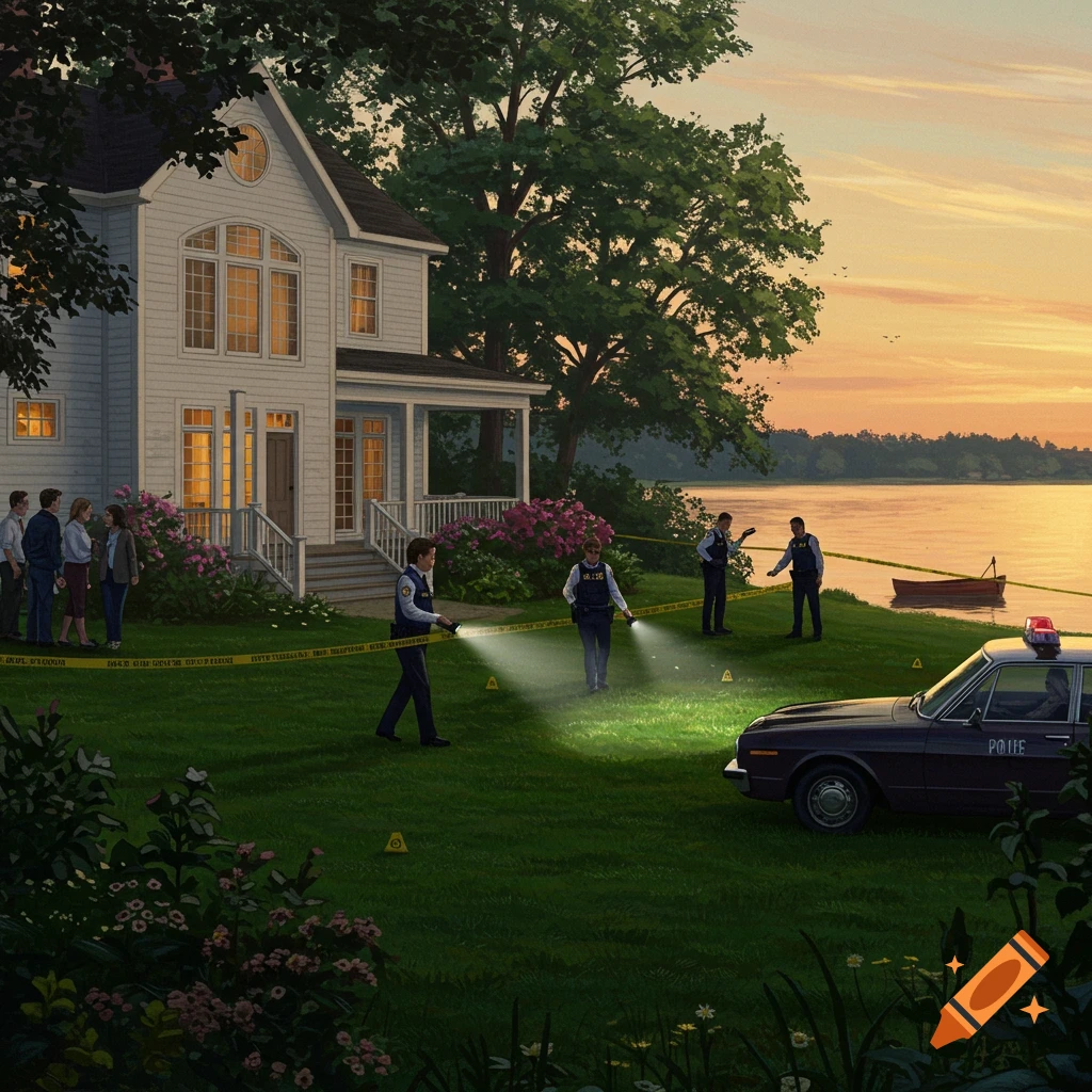 Police investigate a missing person case outside a large lakeside house at sunset, with officers and a police car on the lawn.