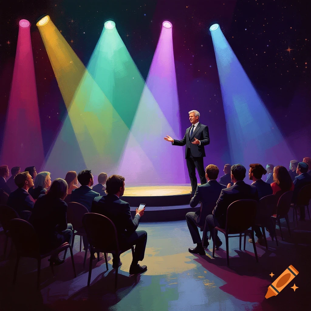 A man in a suit speaks on a brightly lit stage under colorful spotlights to an audience seated in a dark room.
