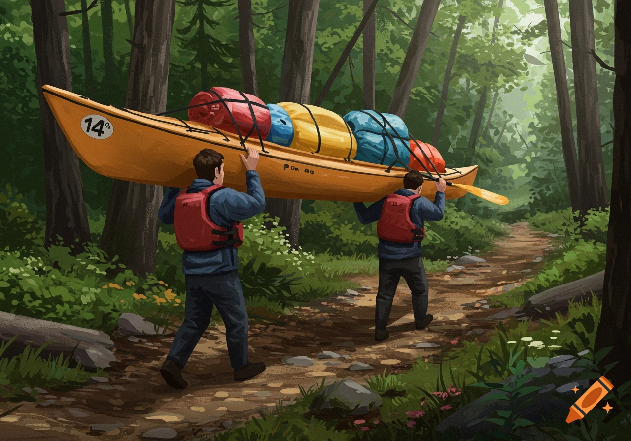 Two men carry a heavy, loaded yellow kayak through a dense green forest on a dirt path. The kayak has "14" on its side. Stylized illustration.