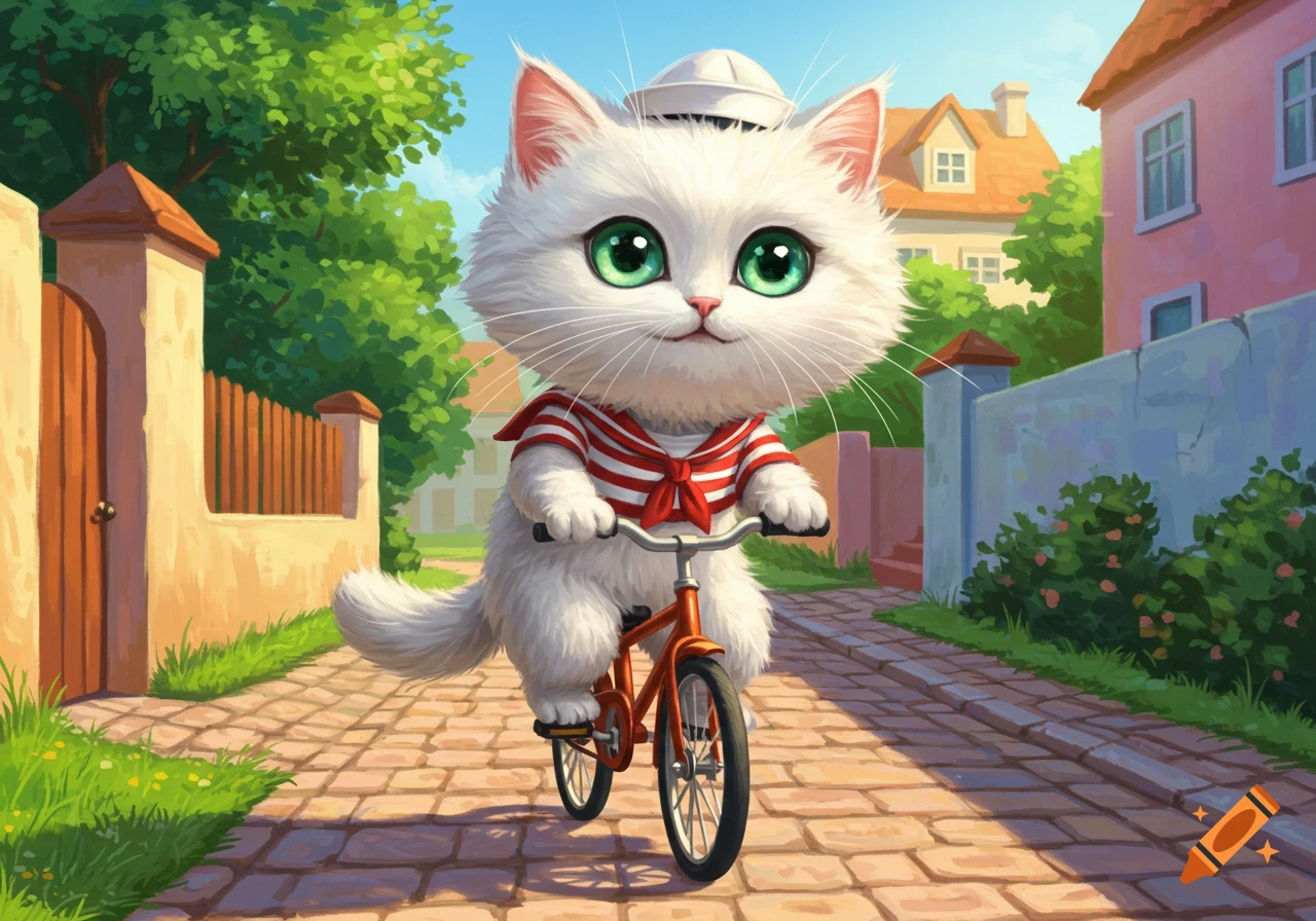 A fluffy white cartoon cat with big green eyes rides a red bicycle down a cobblestone street in a town setting.