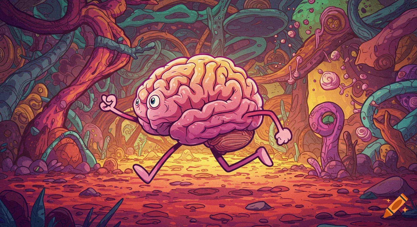 A cartoon brain with arms and legs runs through a vibrant, surreal, colorful landscape with organic shapes.