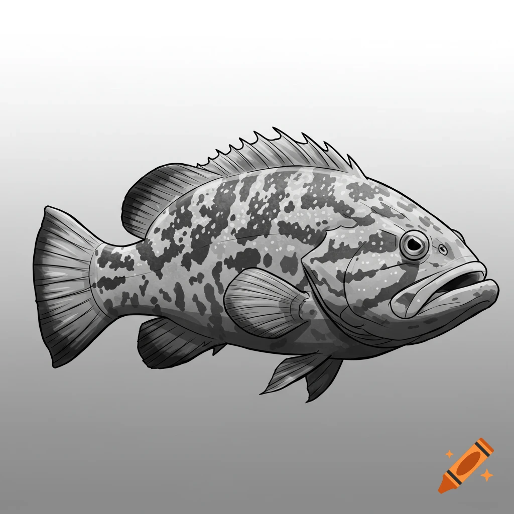 Black and white illustration of a grouper fish with spotted patterns.
