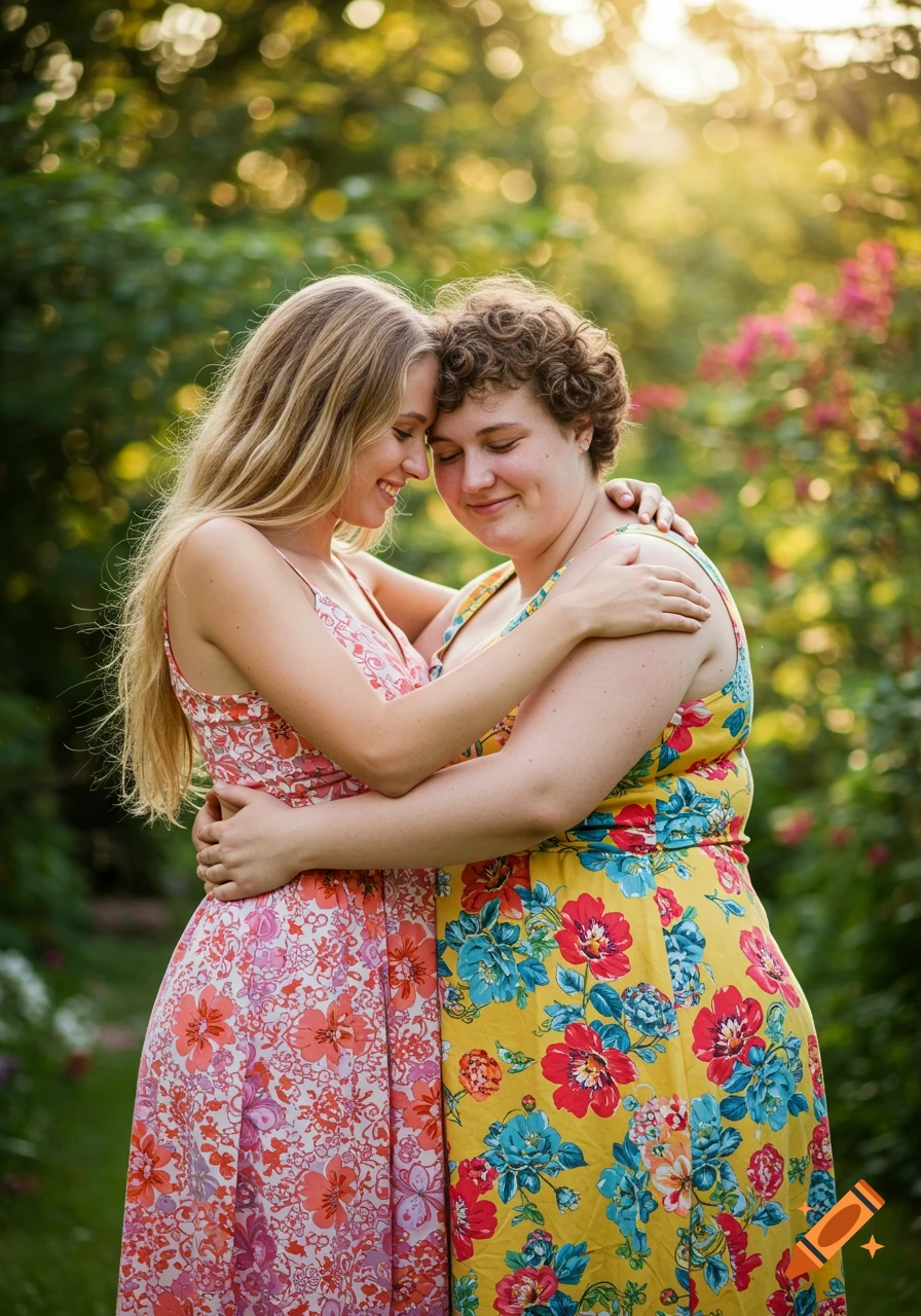 Two women in floral dresses hug in a sunny garden, heads touching, one smiling and one with eyes closed.