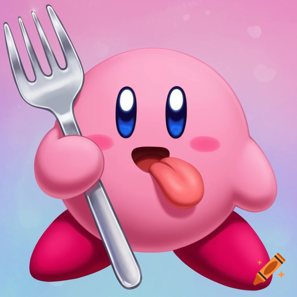 Pink cartoon character Kirby holding a silver fork with his tongue out, on a pink and purple background with hearts.