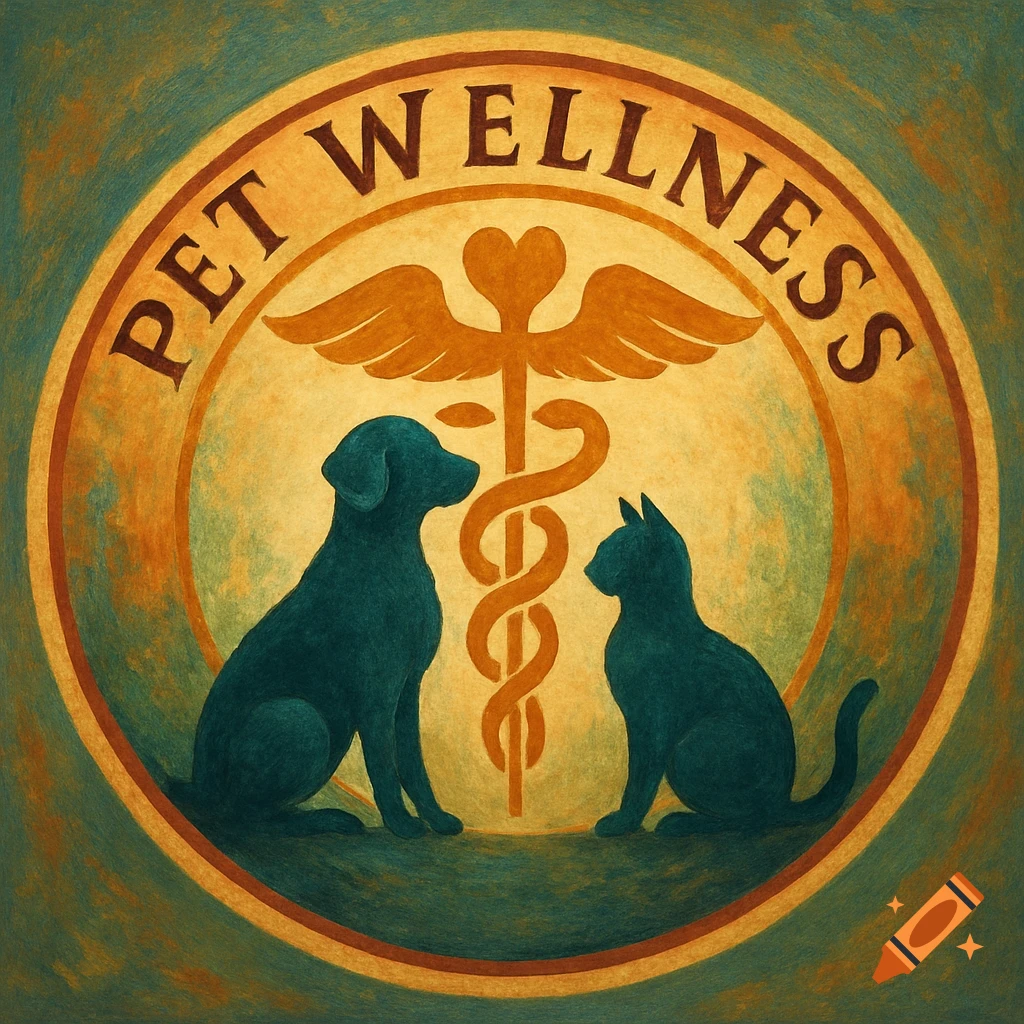 A circular logo with a dog and cat silhouetted in teal, facing each other with a golden caduceus symbol between them. The words "PET WELLNESS" arc above them. The image has a textured, painterly style.