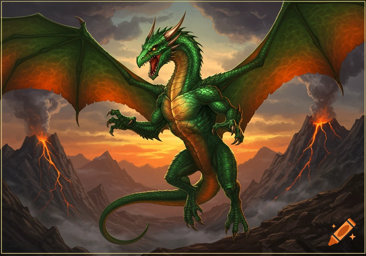 A muscular green dragon with orange wings flies over a fiery volcanic landscape at sunset.