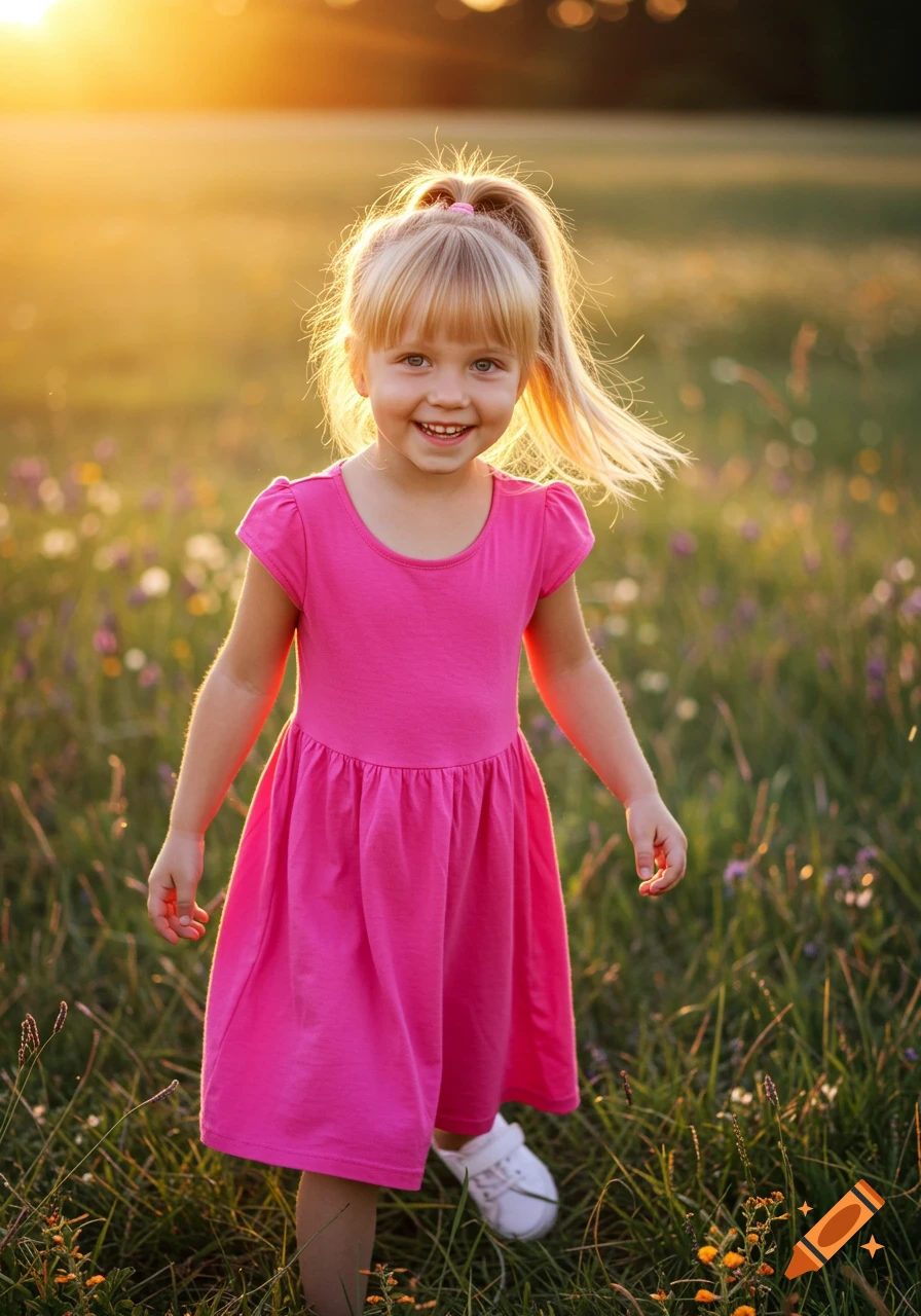 A smiling blonde girl in a pink dress stands in a sunlit field with ...