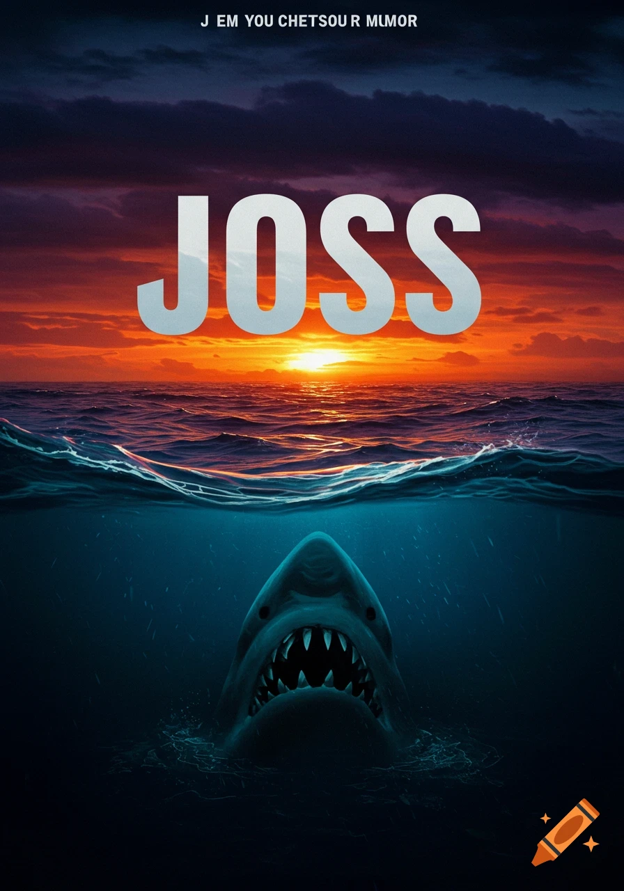 A movie poster for "JOSS" features a shark swimming underwater, looking up towards the surface, with a vibrant orange and purple sunset over ocean waves.
