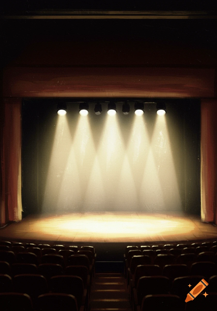 Empty theater stage lit by bright yellow spotlights with rows of dark, empty audience seats in the foreground.
