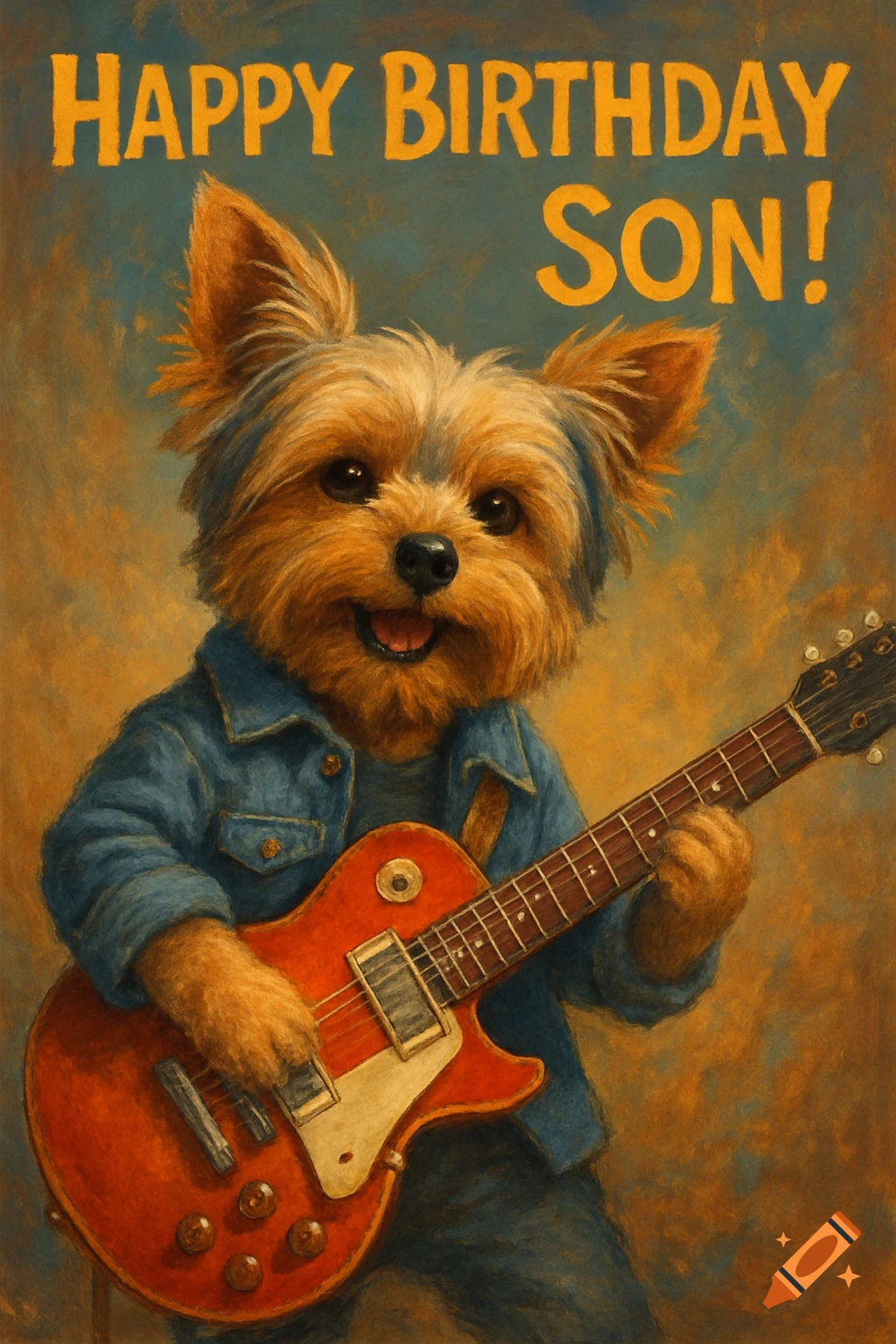 A painterly illustration of a Yorkshire Terrier dog playing a red electric guitar, with 'HAPPY BIRTHDAY SON!' written at the top.