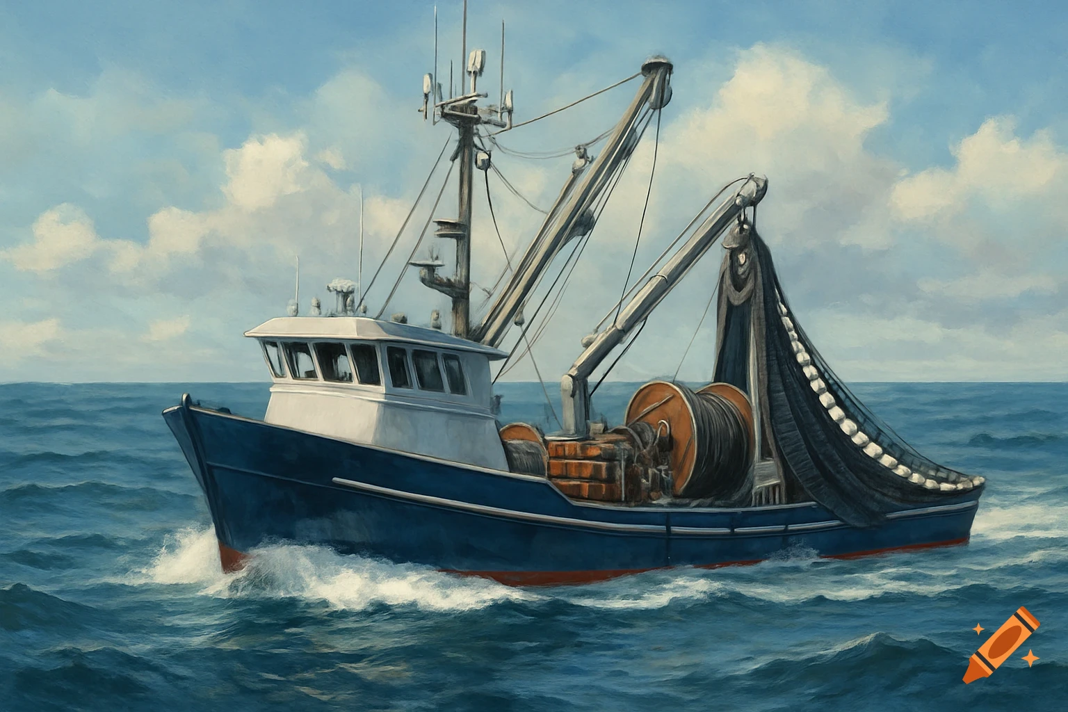 A blue and white commercial fishing boat with a large net on deck moves through choppy blue water under a cloudy sky in a painted style.