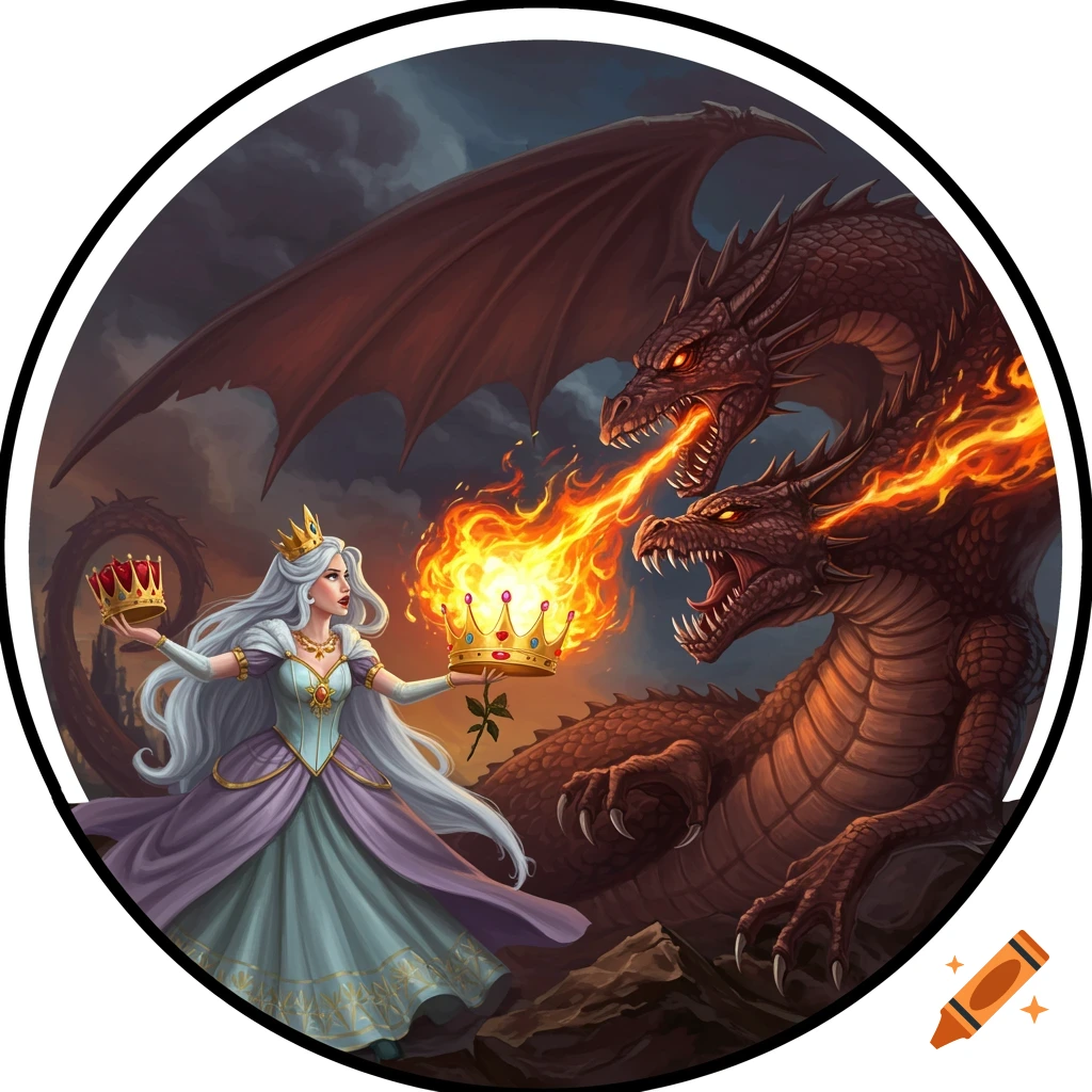 A platinum-haired princess holds two crowns, one aflame, as two-headed dragons breathe fire at her in a round fantasy illustration.