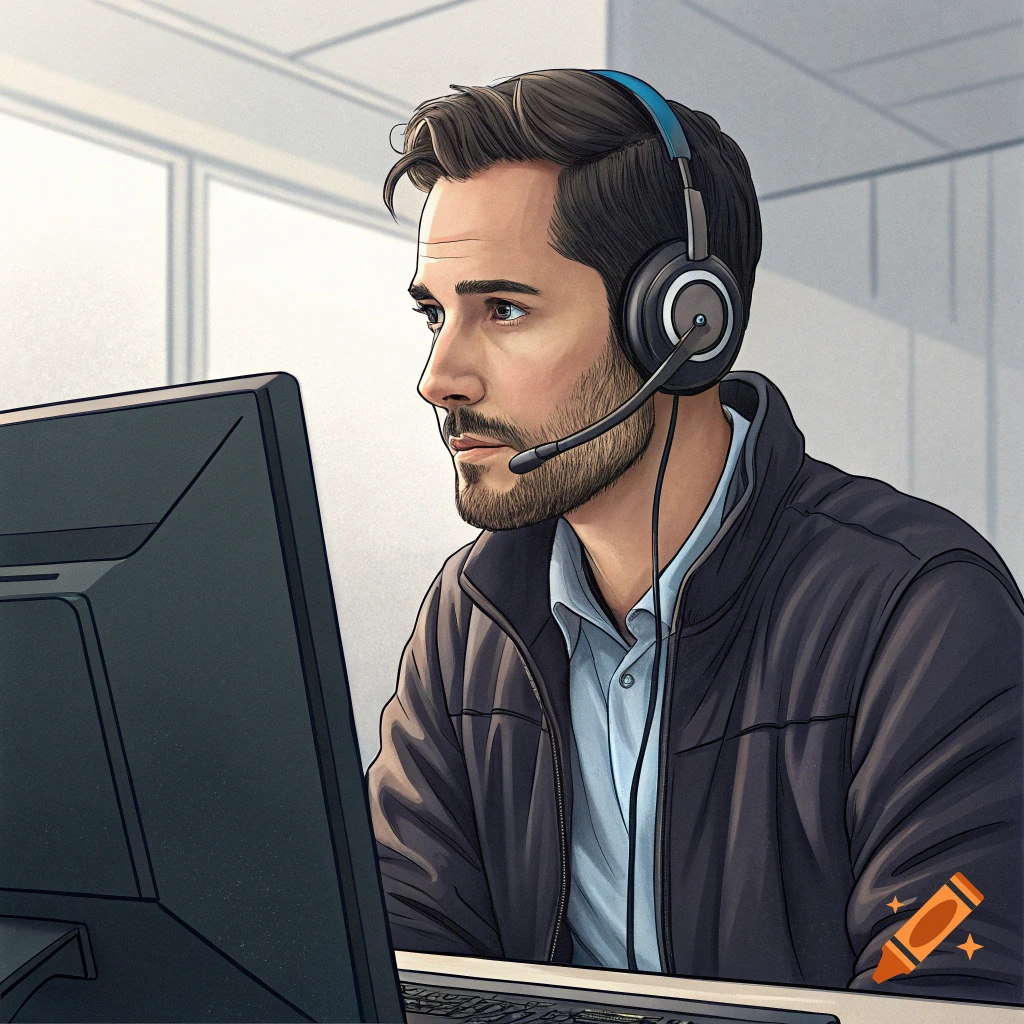 A man with a beard and headset looks intently at a computer monitor in an office.