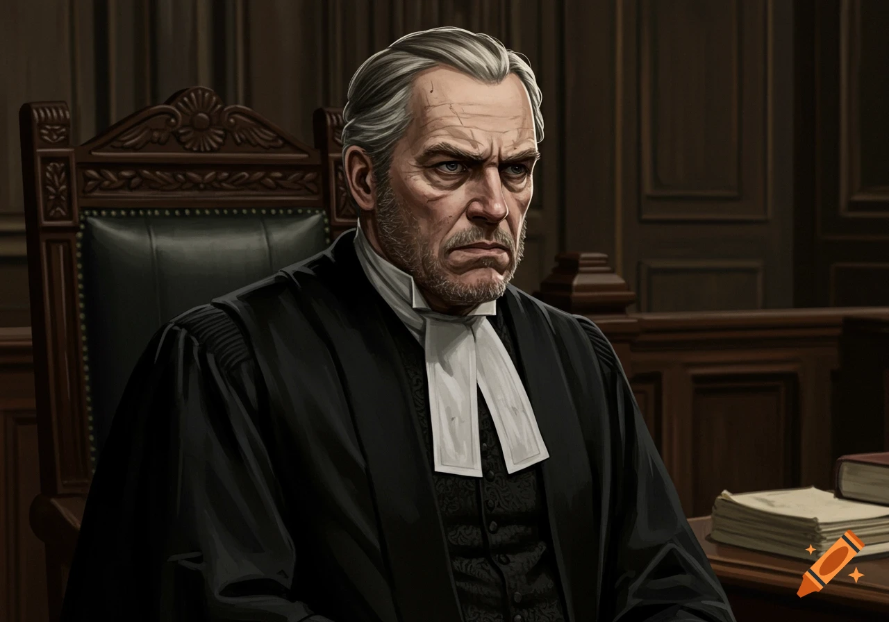 A stern-faced, grey-haired judge in a black robe and white cravat sits in a dark wooden courtroom.