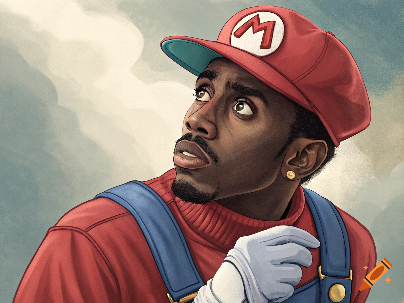 An illustration of a man resembling Diddy dressed as Mario, wearing a red cap with an 'M' and blue overalls.