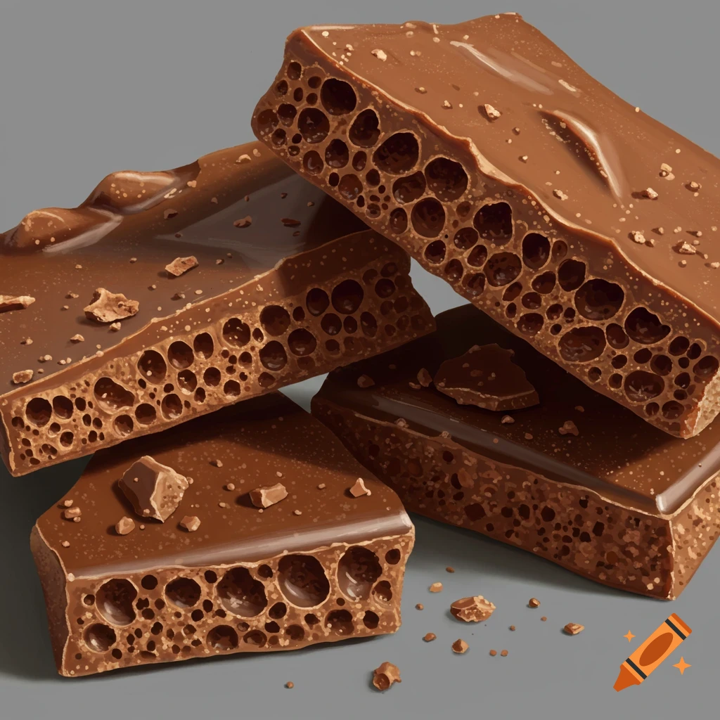 Close-up photorealistic image of several pieces of aerated milk chocolate with crumbs on a gray background.