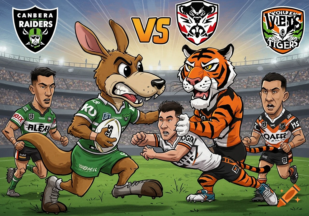 Cartoon illustration of a rugby match between the Canberra Raiders (kangaroo mascot) and the Tigers (tiger mascot), with players and a stadium background.