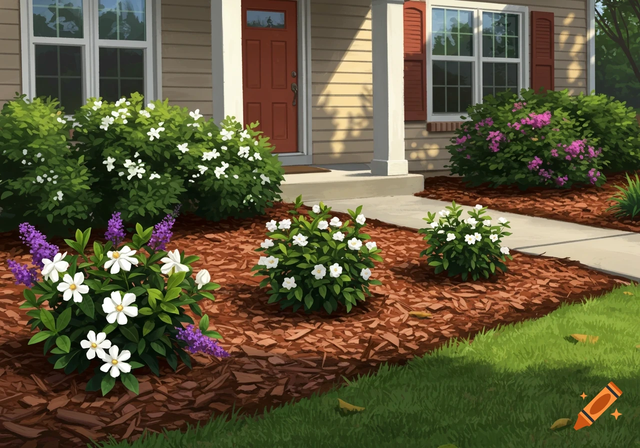 An illustrative image of a front yard with a well-maintained garden featuring mulch beds, various white and purple flowers, and the front of a house.
