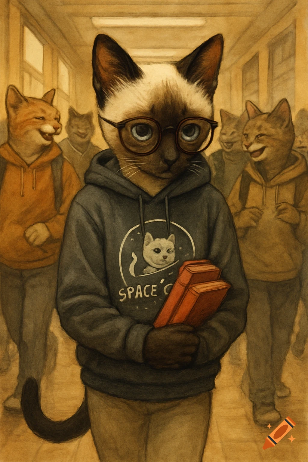 A painting of an anthropomorphic Siamese cat in glasses, wearing a hoodie, walking down a crowded school hallway, holding books.