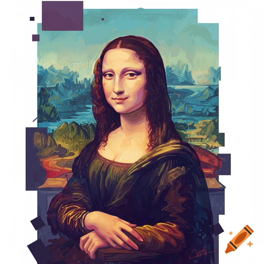 A modern, stylized painting of the Mona Lisa with rich colors and an abstract, blocky background.