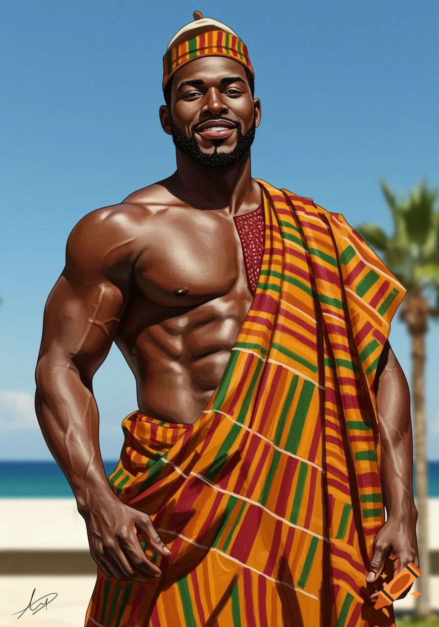 A muscular man with dark skin, wearing a colorful kente cloth and a traditional cap, smiling outdoors against a blue sky.