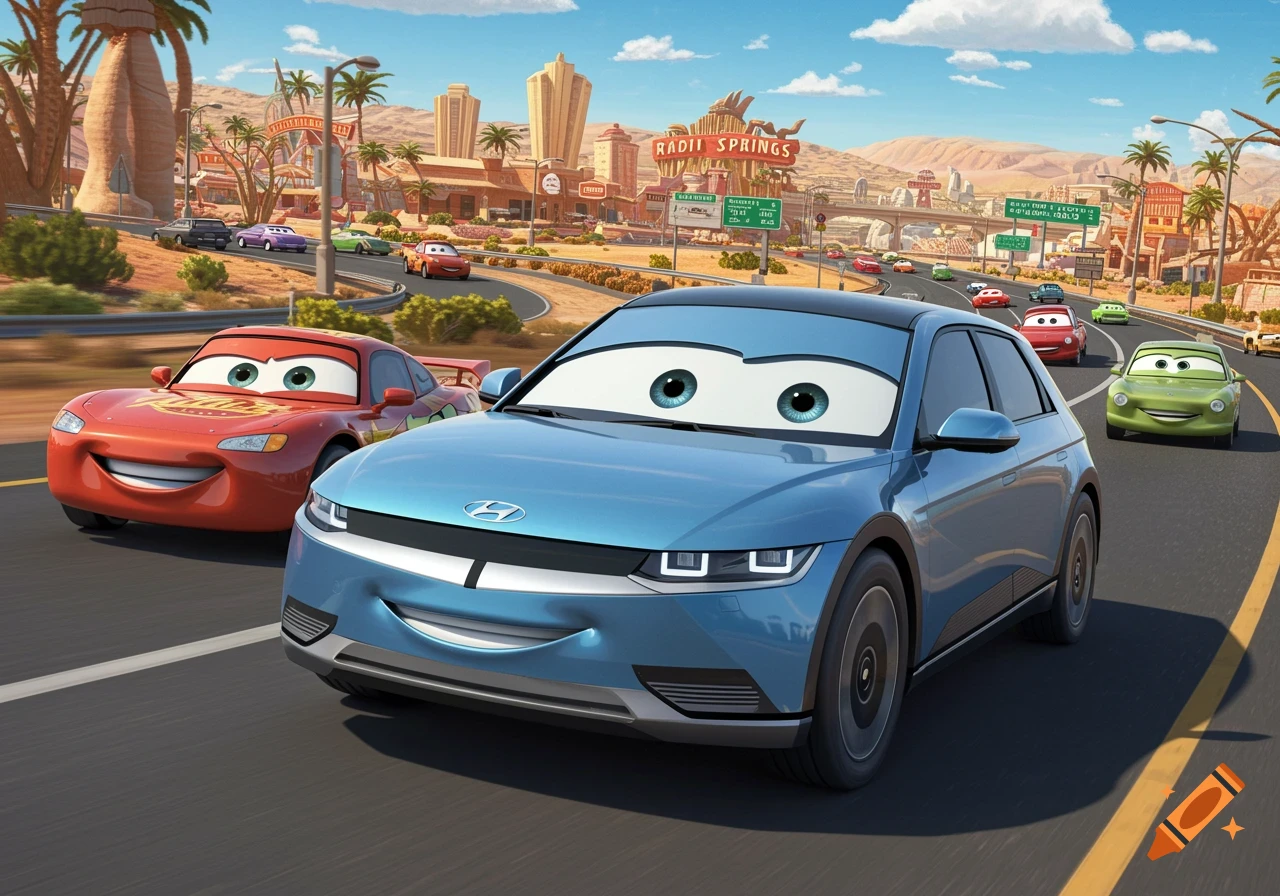 Animated cars, including a blue Hyundai and Lightning McQueen, drive on a road through a desert town reminiscent of Radiator Springs.