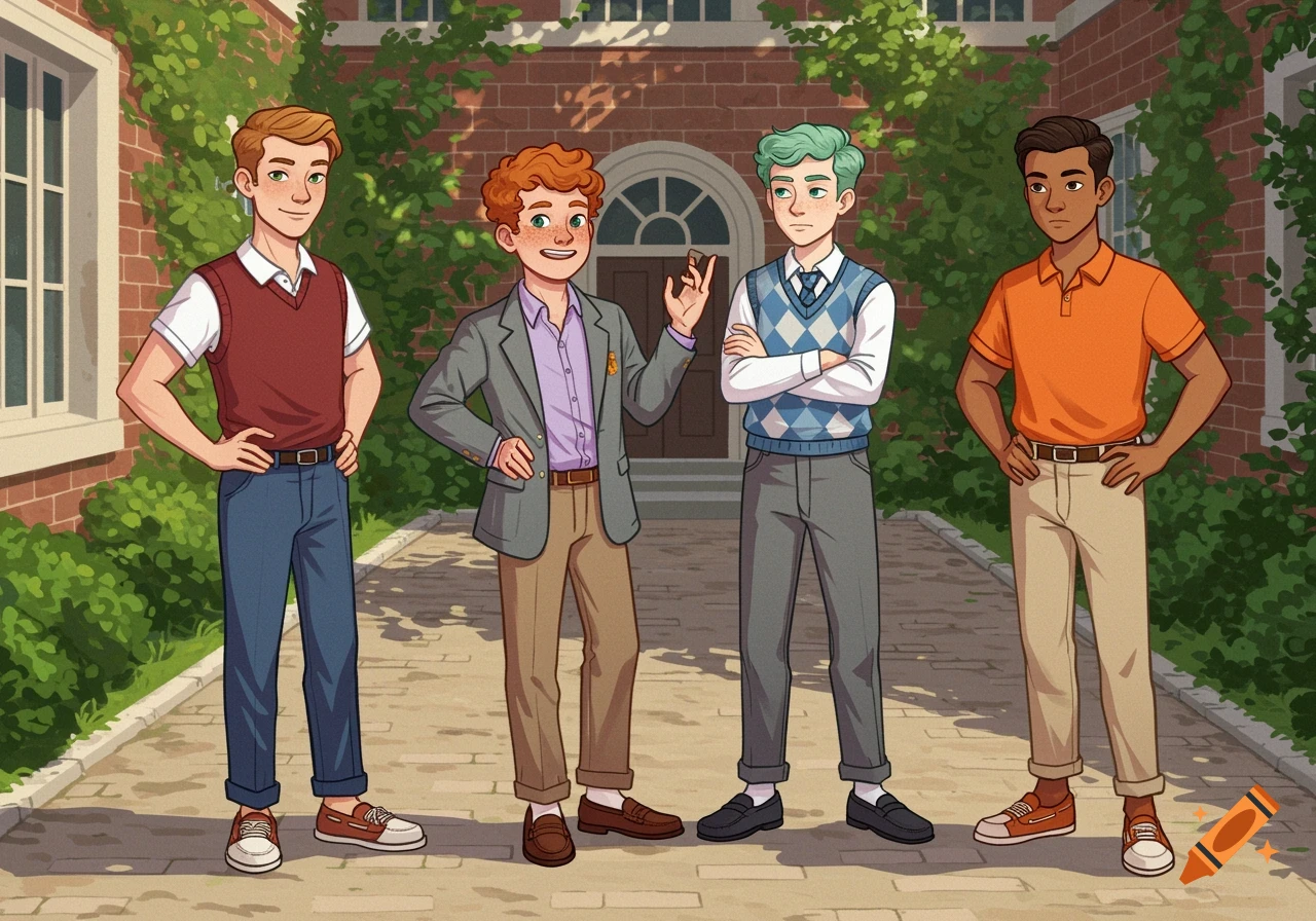 Vibrant cartoon illustration of four diverse teenage boys in preppy attire, standing in a sunlit ivy-covered prep school courtyard.