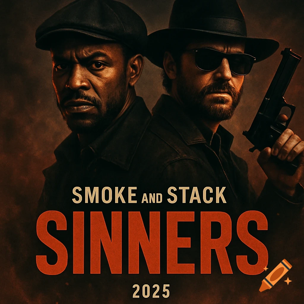 A dramatic movie poster featuring two stern-looking men, one in a flat cap and the other in a fedora and sunglasses holding a gun, with the text "SMOKE and STACK SINNERS 2025."